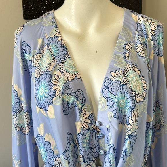 FREE PEOPLE Run Free Blouse Periwinkle Ruffle Floral Long Sleeve Sz S - Picture 6 of 12